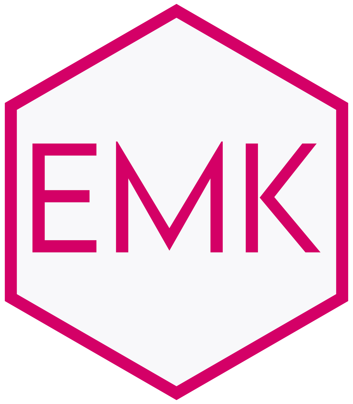 A hexagon with a bright pink outline and white background with the initials E M K also in bright pink
