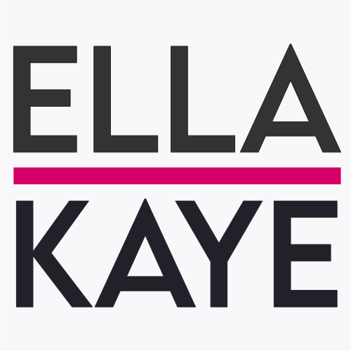 A square logo made from Ella Kaye&#039;s name -
first name on top of last name in dark gray capital letters,
separated by a horizontal bright pink line, on a very light grey background
