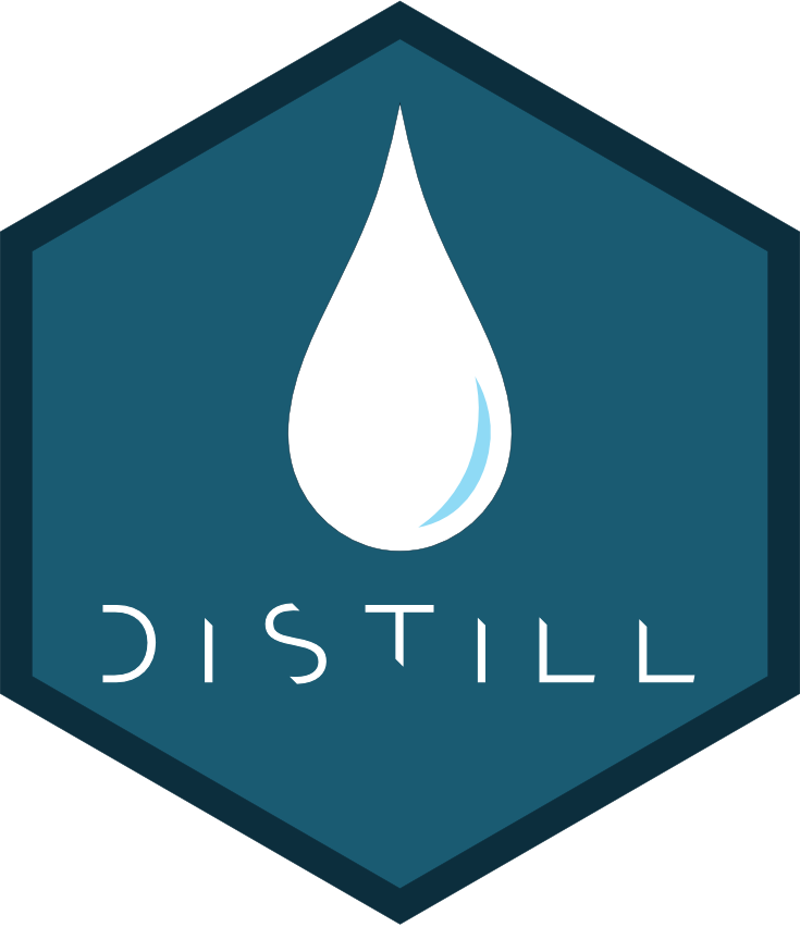 A hexagon with a dark blue border and a mid-blue fill. Inside, a stylised white
drop of water, with the word distill underneath, in white.

