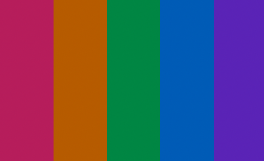 A swatch of five colours, a pink, orange, green, blue and purple, all quite bright, but still all with a contrast ratio of 4.5:1 or better against white.
