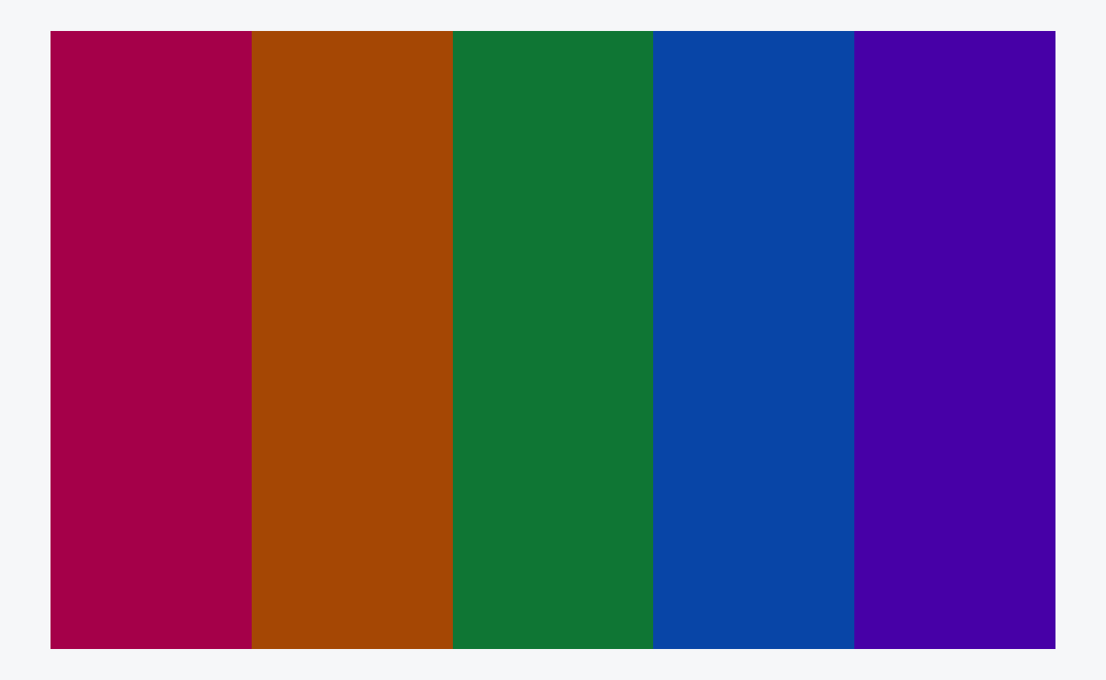 A swatch of five colours, a pink, orange, green, blue and purple, all quite bright, but still all with a contrast ratio of 4.5:1 or better against white.