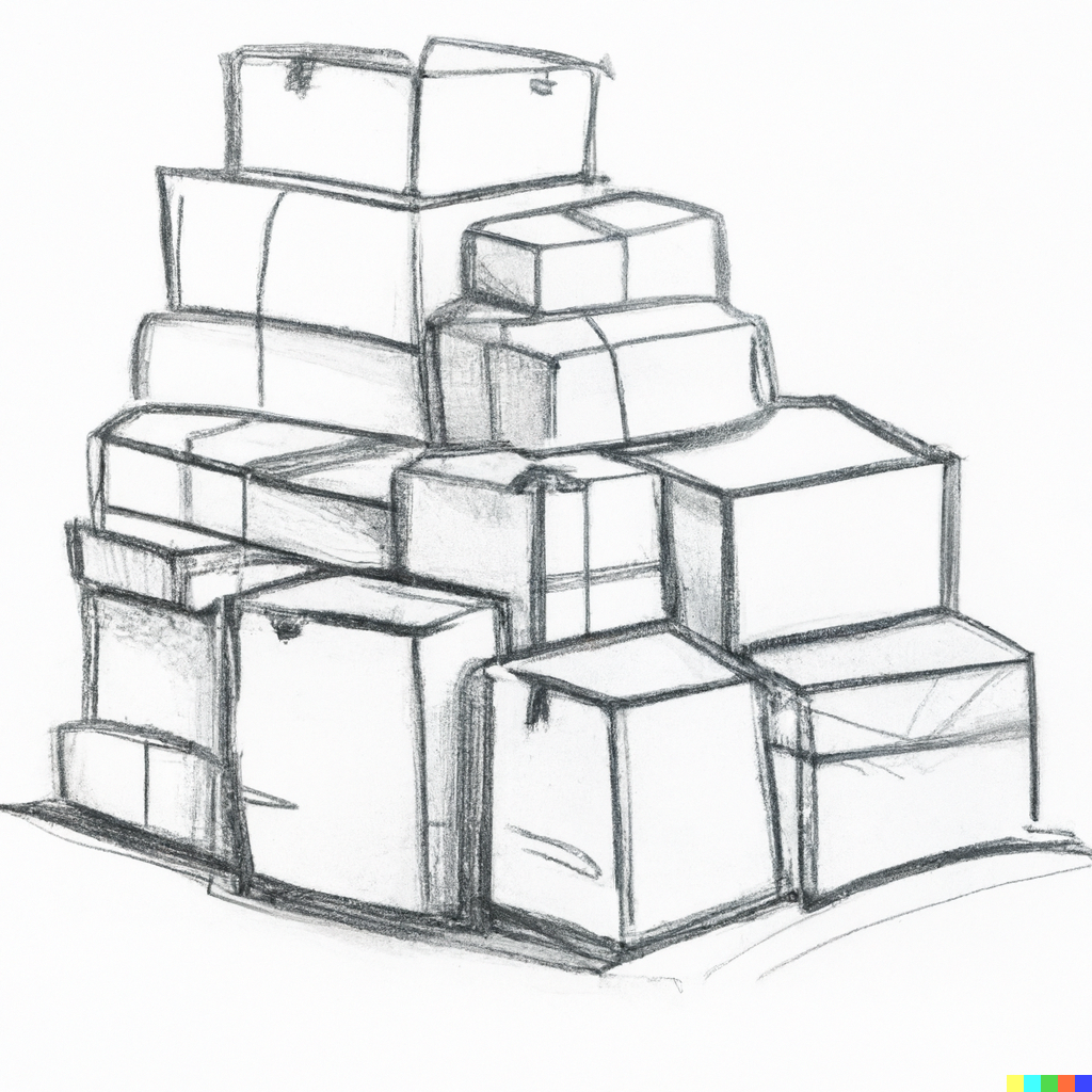 An AI generated image of a pencil sketch of a pile of packages.
