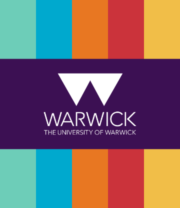 Five vertical strips in bright colours: teal, blue, orange, red, yellow. Horizontally across them, a dark purple rectangle, with the University of Warwick logo in white on that.
